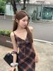 Summer New Women's Gentle Grid Strap Dress Waist Inward Meat Conceal Thin Pear Shape Retro Dress H Version Spring Autumn_ecoleips.com