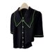 Women's French Retro Style Collared Knit Sweater Color Block Short Sleeve Top Summer Design_ecoleips.com
