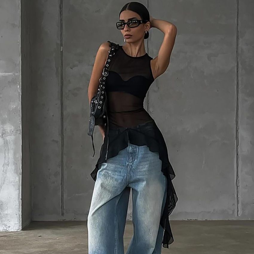 Aria Basics Aria Basics European American Style Personalized Mesh See-through Fashion Women's T-shirt, 2025 Summer And Autumn New Model,_ecoleips.com