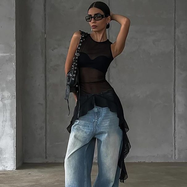 Aria Basics Aria Basics European American Style Personalized Mesh See-through Fashion Women's T-shirt, 2025 Summer And Autumn New Model,_ecoleips.com