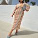 Elegant Women's Dress With Printed Long Skirt, V-Neck Design, And Lantern-Style Half-Sleeve Design_ecoleips.com