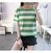 Summer Trendy Women's Short-sleeved Loose Pullover Split-ended T-shirt Colored Stripes_ecoleips.com