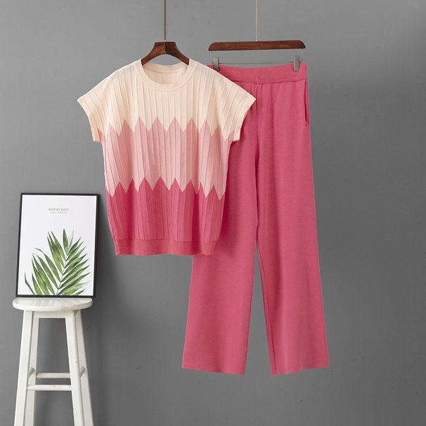 Women's Gradient Knit Set round Neck Sleeveless Top with Casual Wide Leg Pants Spring Summer Two-Piece Elegant Sporty Outfit_ecoleips.com