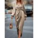 Women's Elegant Neck Pleated Split Puff Sleeve Long Dress Irregular Style For Special Occasions_ecoleips.com