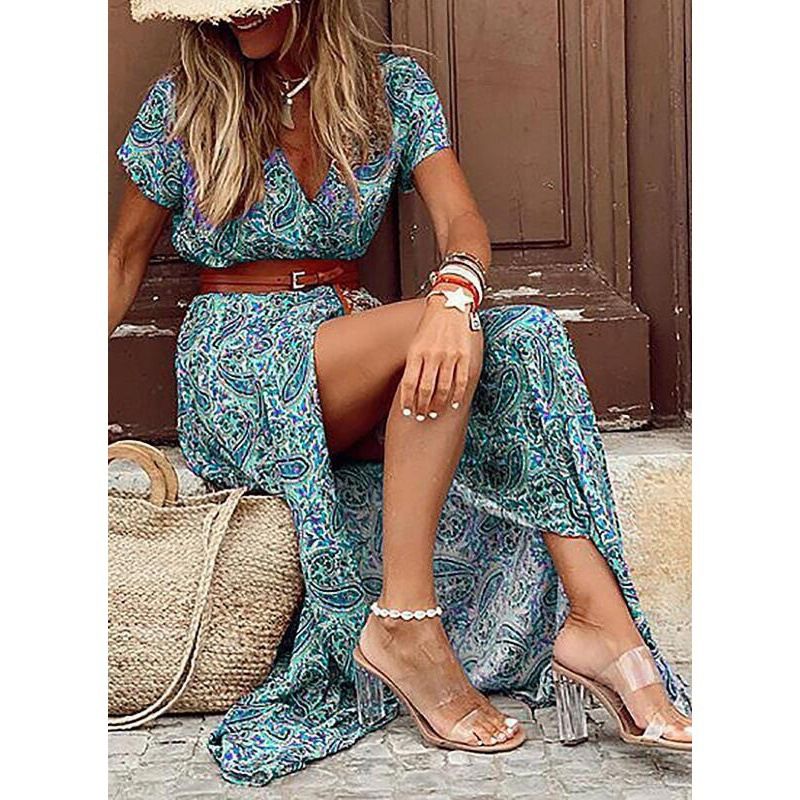 Women's Bohemian Floral V-Neck Maxi Dress With Faux Leather Belt - Chic Ruffle Hem Sundress_ecoleips.com
