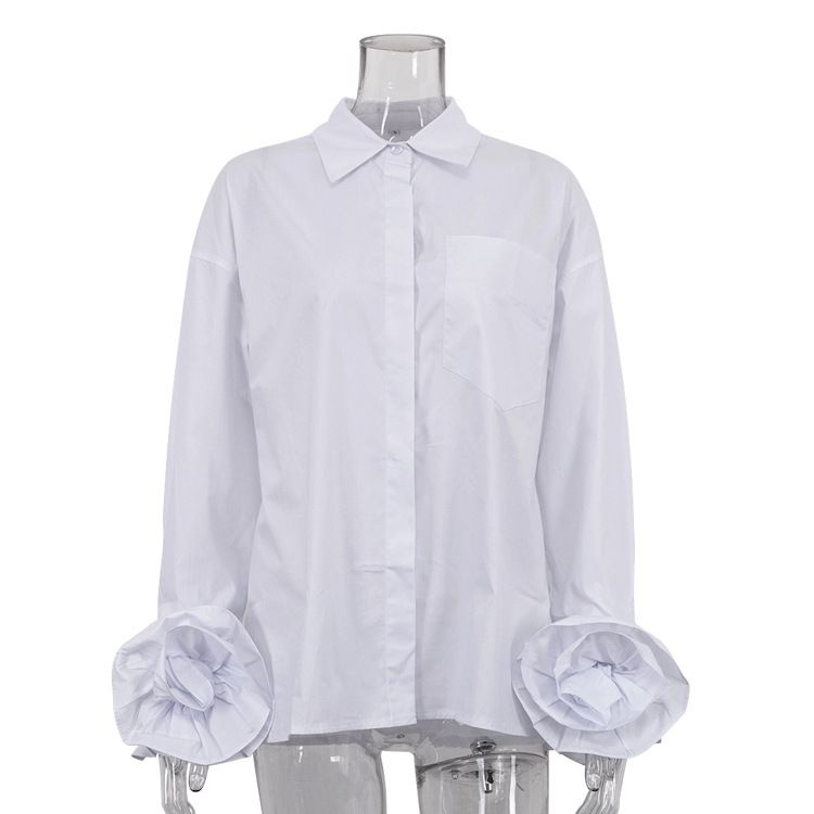 Women's French Style Patchwork Floral Blouse Long Sleeve Cotton Lapel Versatile Cardigan Top White Elegant Fashion for All Seasons_ecoleips.com