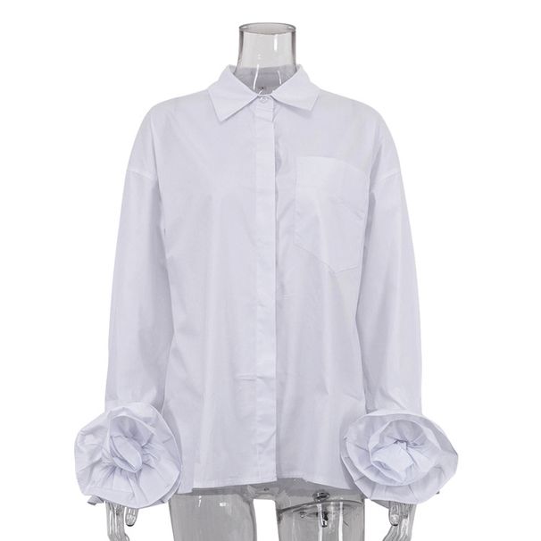 Women's French Style Patchwork Floral Blouse Long Sleeve Cotton Lapel Versatile Cardigan Top White Elegant Fashion for All Seasons_ecoleips.com