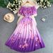 Elegant Off-Shoulder Long Dress With Rhinestone Embroidery Floral Print Waist-Defining Ruffle Sleeves Formal Evening Gown_ecoleips.com