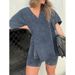 Women's Clothing Fashion Loose V Neck Two Piece Suit Female Retro Washed Suit Short Sleeve_ecoleips.com