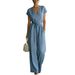 Women Summer Short Sleeve V Neck Solid Color Jumpsuit High Waist Slimming Wide Leg Romper Fashion Elegant Casual Dressy One Piece Outfit_ecoleips.com