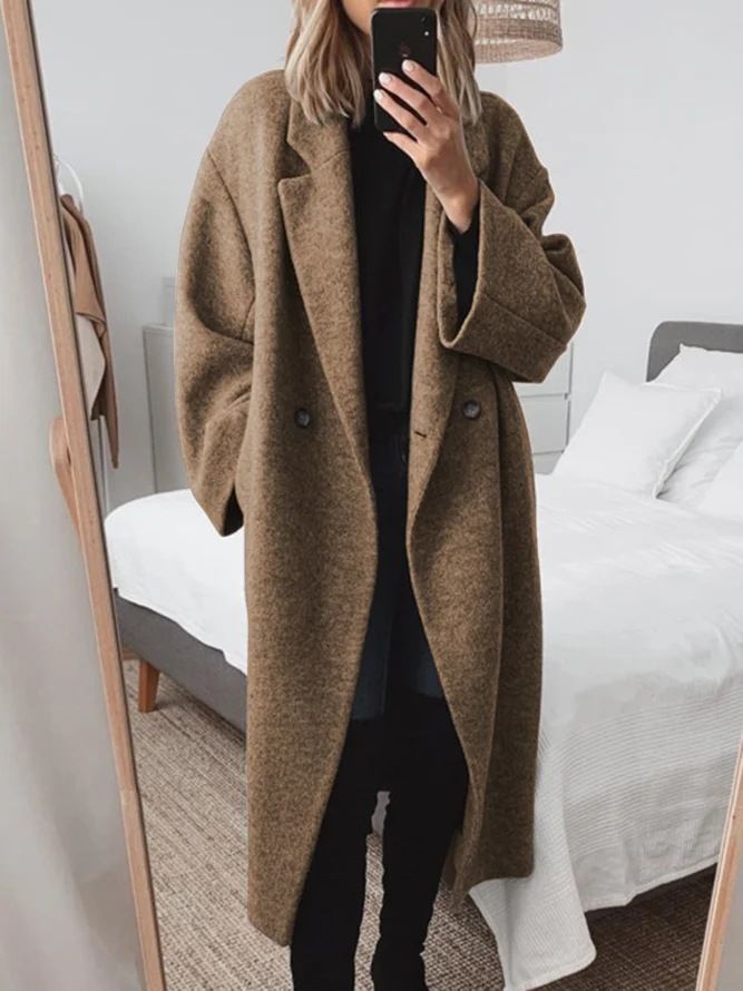 Women's Wool-Blend Trench Coat – Oversized Long Coat With Pockets, Polo Collar & Button Closure (Grey/Blue/Brown/Black)_ecoleips.com
