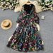 French Style, Sophisticated Floral Print Openwork Dress For Women, Spring/summer, V Neck, Lantern Sleeves, Fitted Waist, Slimming And Elegant Long Dress._ecoleips.com