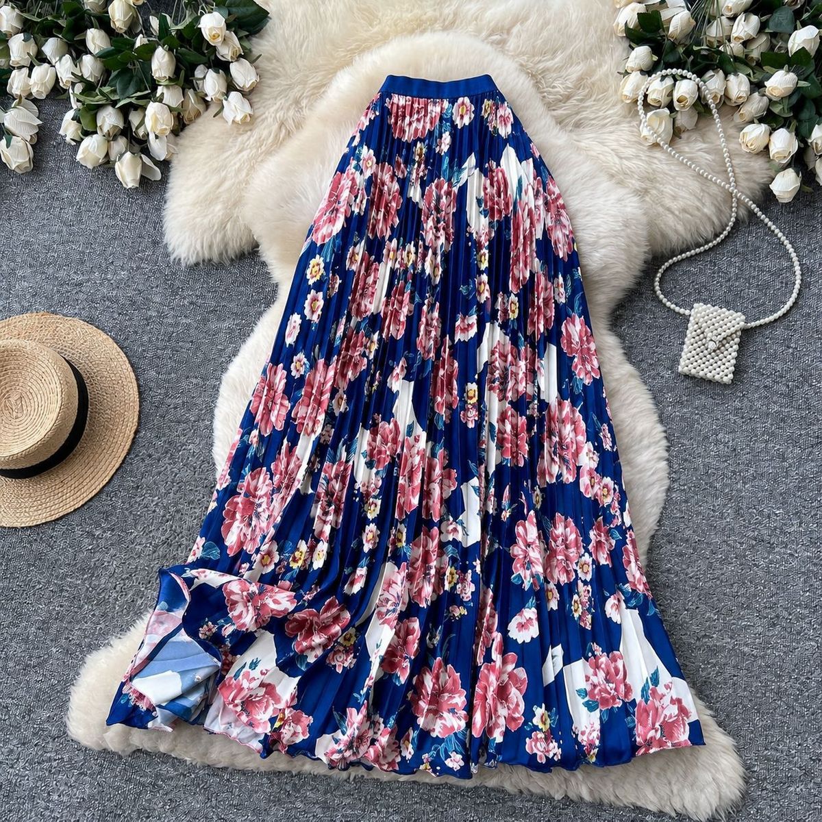 Women's Retro Print Pleated Skirt High Waist A-Line Midi Skirt Elastic Waist Fashion Long Skirt for Commuting Summer_ecoleips.com