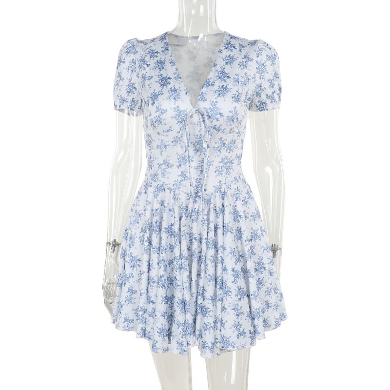 Women's Clothing Floral V-Neck Slim Fit Dress Fashionable Short Skirt Summer New_ecoleips.com
