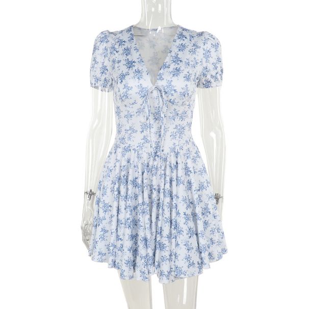 Women's Clothing Floral V-Neck Slim Fit Dress Fashionable Short Skirt Summer New_ecoleips.com