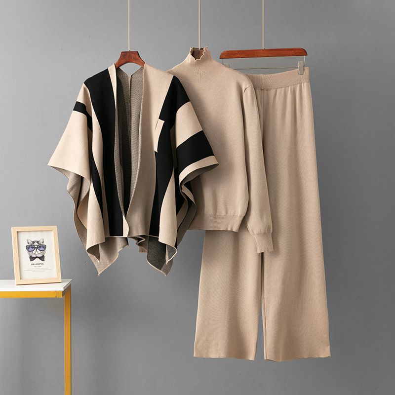 Women's French-Inspired Knit Set – Oversized Cardigan, Striped Sweater & Wide-Leg Pants (One Size Fits Most, Rayon Blend)_ecoleips.com