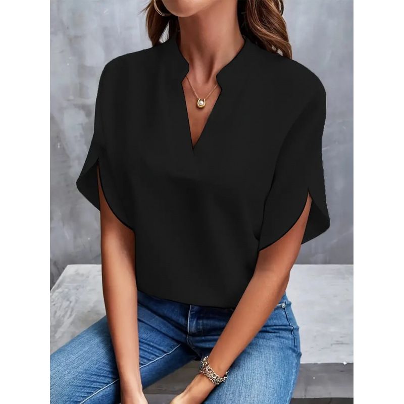 Women's Summer Casual Solid Color And V-Neck Loose Shirt Top Women_ecoleips.com
