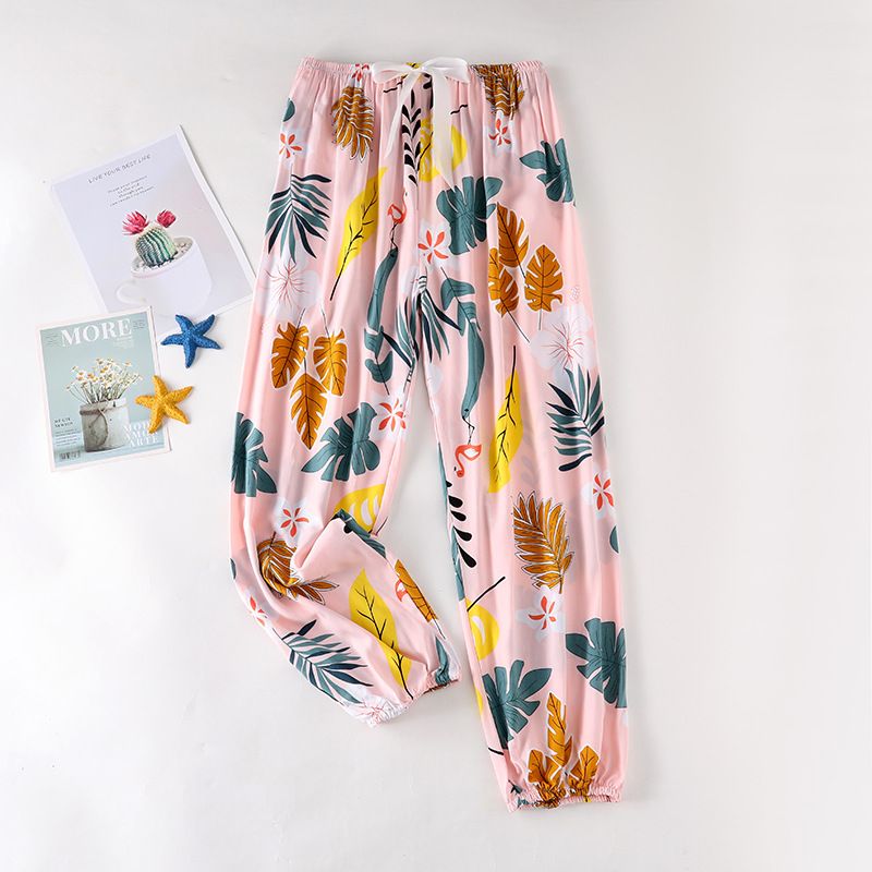 Summer New Viscose Floral Printing Long Trousers For Women Homewear Thin Section Loose Pajama Female Night Pants Lounge Wear_ecoleips.com
