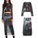Women's Clothing Elastic Silk Screen Printing Bottoming Shirt Long Sleeved Top Mesh Skirt Suit_ecoleips.com