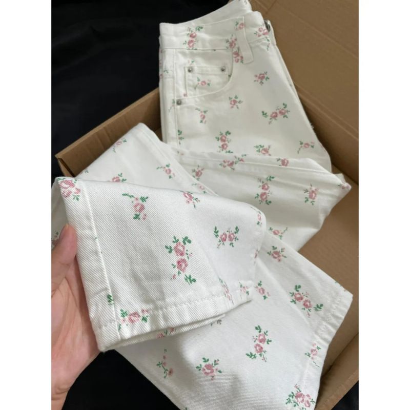 Floral Print High-Waist Wide-Leg Jeans – Summer Lightweight Denim Pants With Flowy Fit (White, S-Xl)_ecoleips.com