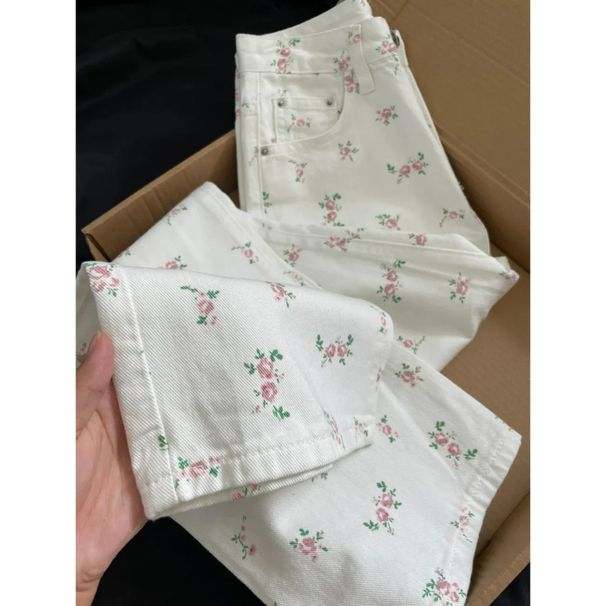 Floral Print High-Waist Wide-Leg Jeans – Summer Lightweight Denim Pants With Flowy Fit (White, S-Xl)_ecoleips.com