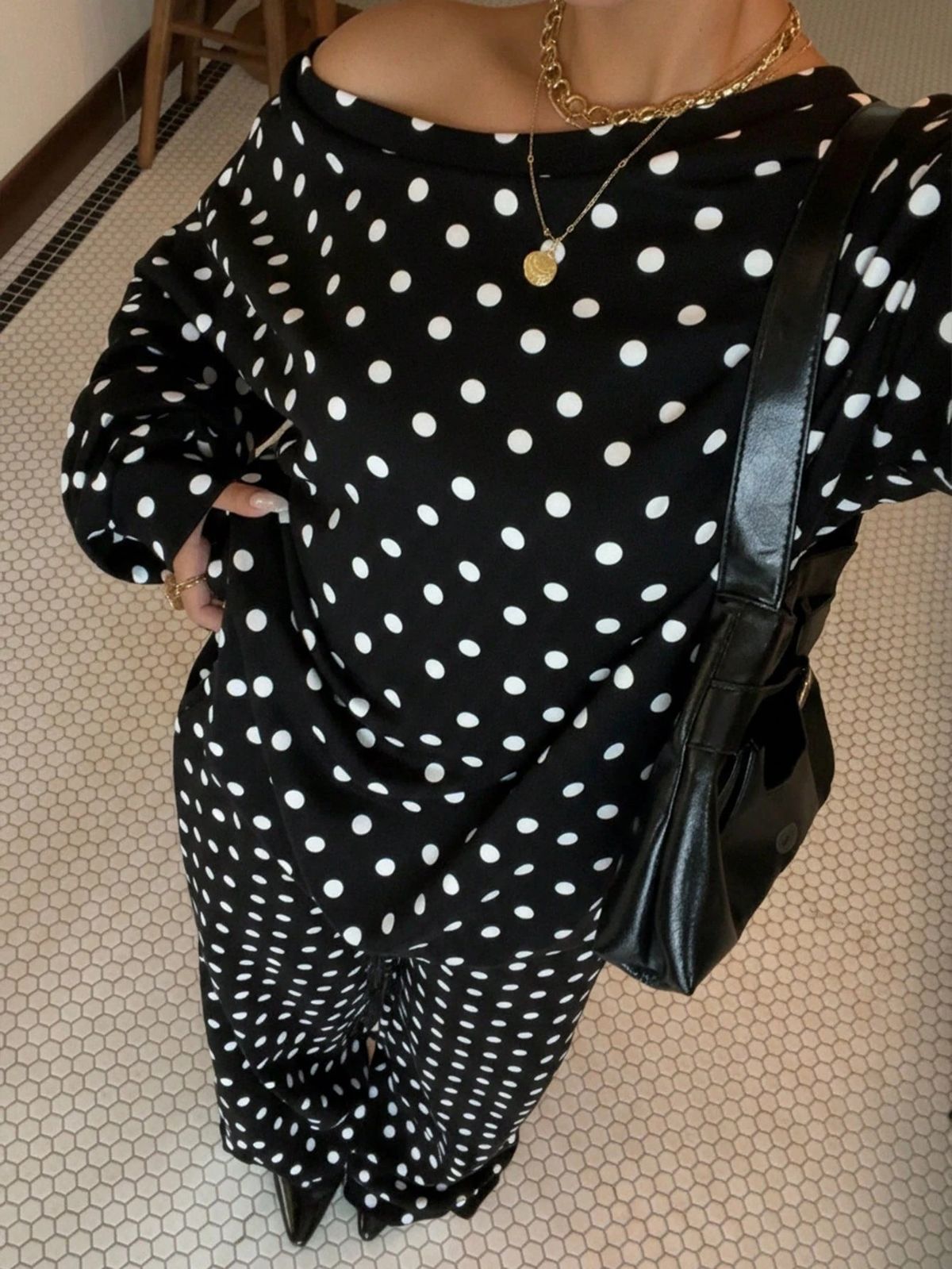 Women's Polka Dot Print Off-Shoulder Long Sleeve Top with Drawstring Trousers European American Style Casual Suit_ecoleips.com
