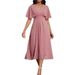 Women's Clothing Solid Color V Neck Short Sleeved Elegant Slim Chiffon Ladies Dress_ecoleips.com