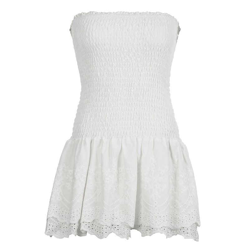 Women's Sweet Sexy White Jacquard Strapless Belted Hollow Out Tiered Mini Dress – Summer Party Gown 2026_ecoleips.com