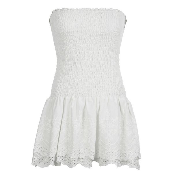 Women's Sweet Sexy White Jacquard Strapless Belted Hollow Out Tiered Mini Dress – Summer Party Gown 2026_ecoleips.com