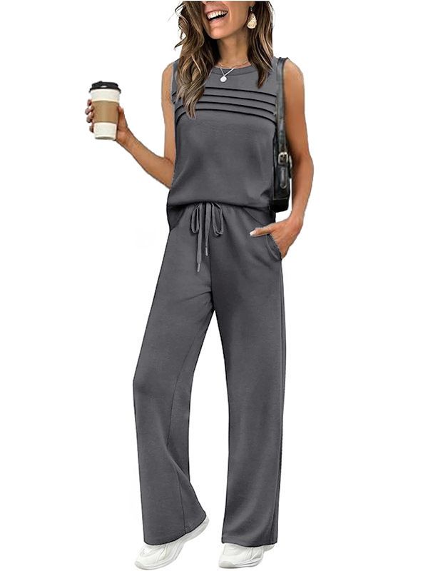 Spring Summer New Casual Women's Two Piece Set Pleated Vest Top Bottoms Matching European American Style Clothing Set_ecoleips.com