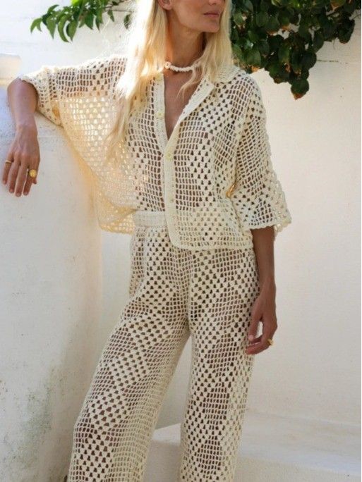 Women's Clothing Summer Beach Ladies Solid Color Knitted Plaid Sexy Hollow Beach Bikini Outerwear Suit_ecoleips.com