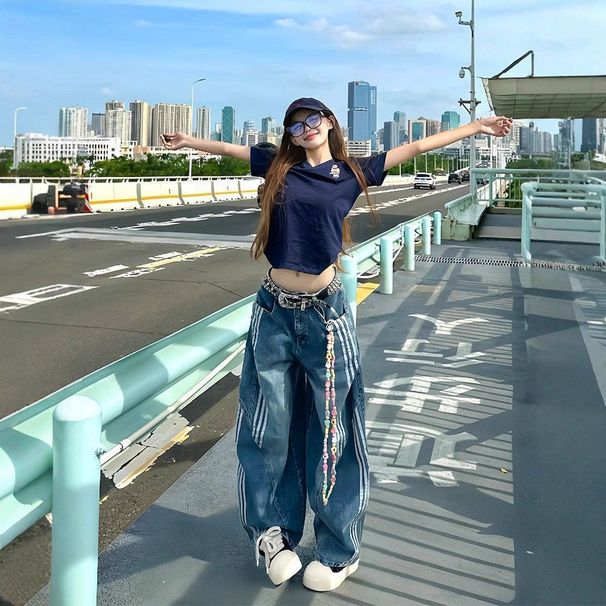 American-style Plus-size Striped Three-stripe Jeans For Women, Washed Vintage Street Vibe High-waisted Wide-leg Pants_ecoleips.com