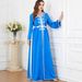 Muslim Dress Women Embroidered Long Robe Dress Two-Piece Set For Women, Traditional Middle Eastern Abaya With Belt, Blue Polyester Flowy Maxi Dress_ecoleips.com