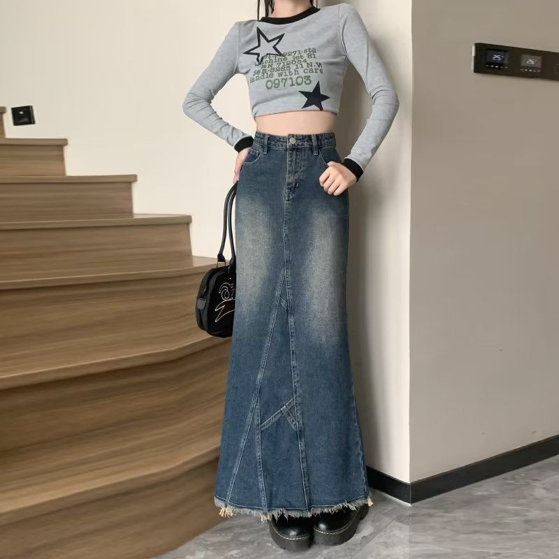 Verve Slit Denim For Women 2025 New Summer A-line High Waist Slimming Irregular Frayed Mid-length Skirt_ecoleips.com