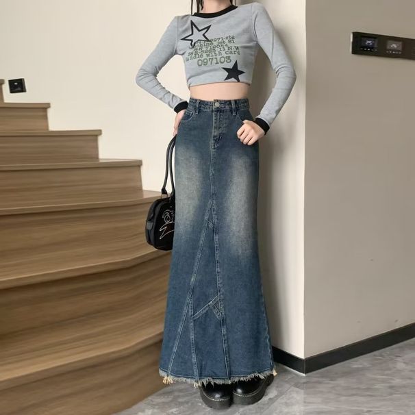 Verve Slit Denim For Women 2025 New Summer A-line High Waist Slimming Irregular Frayed Mid-length Skirt_ecoleips.com