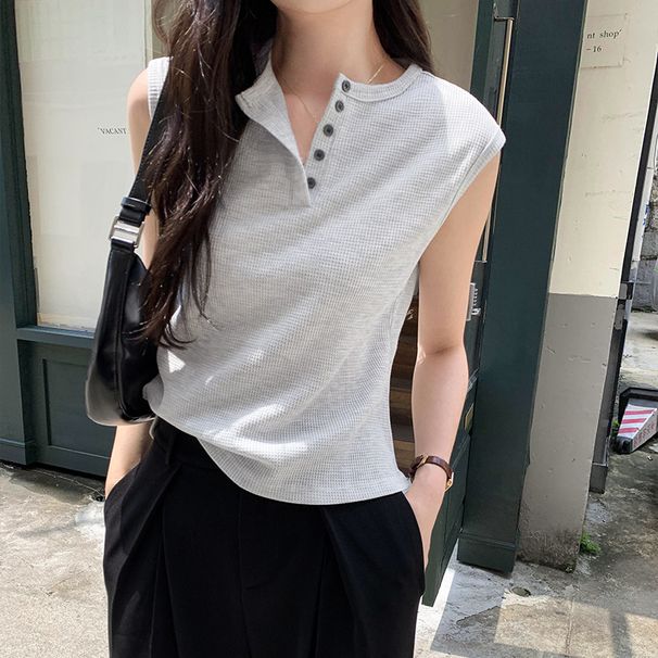 American Sleeveless Sports Round Neck Button Loose Waffle Vest Women's Summer Top Outerwear 67502_ecoleips.com