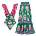 Women's Retro Printed Long Sleeve Swimsuit - Deep V Neck One-Piece Swimwear_ecoleips.com