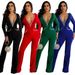 Women's clothing sexy deep V feather collar fashionable wide leg jumpsuit for women 22 autumn and winter hot diamond style_ecoleips.com