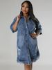 K Large Size Women's New Denim Ripped Tassel Short Sleeved Lapel Dress_ecoleips.com