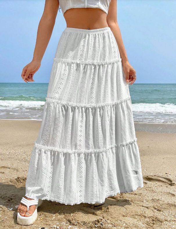 Women's Solid Color Midi Skirt Elastic Waist A-Line Casual Polyester Spring/Autumn Summer Versatile Skirt_ecoleips.com
