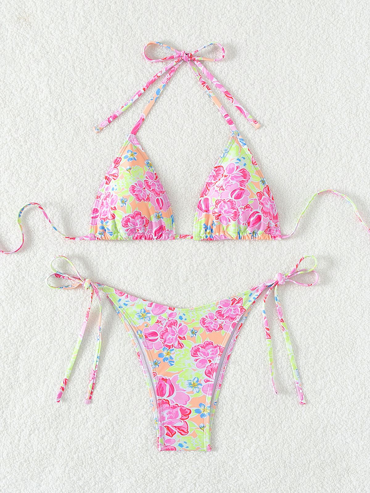 Tropical Print Bikini Set, Adjustable Ties Halter Top & High-Waisted Bottom For Women, Sexy Two-Piece Swimsuit For Beach Pool Vacation_ecoleips.com