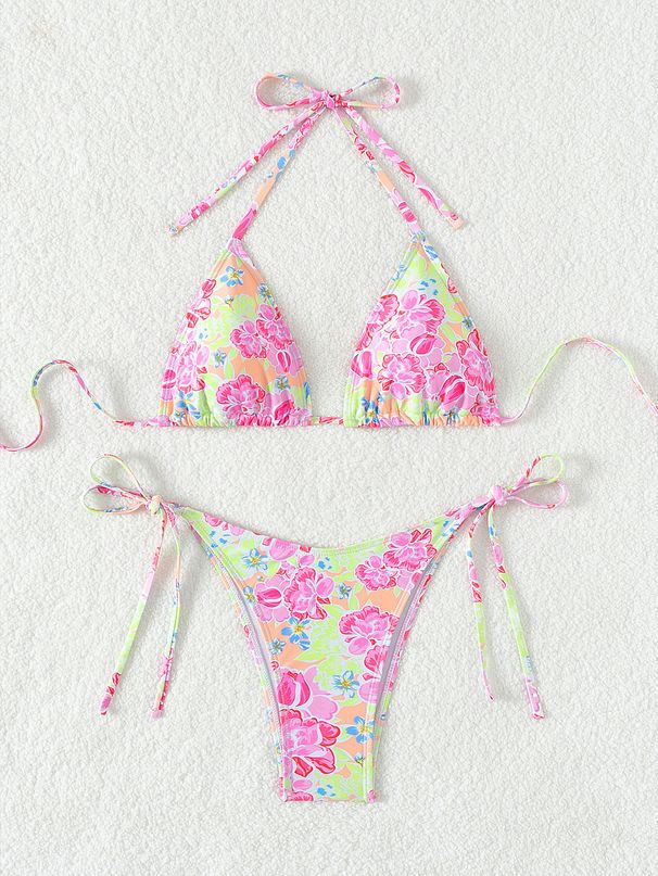Tropical Print Bikini Set, Adjustable Ties Halter Top & High-Waisted Bottom For Women, Sexy Two-Piece Swimsuit For Beach Pool Vacation_ecoleips.com