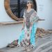 Women's Clothing Green Feather Print Loose Large Size Robe Beach Dress Bikini Sunscreen Shirt_ecoleips.com