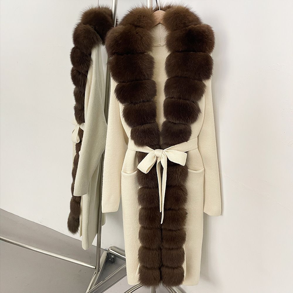 Luxury Fox Fur Trim Oversized Knit Cardigan – Korean Minimalist Longline Coatigan (Neutral Palette & Cashmere-Like Softness)_ecoleips.com