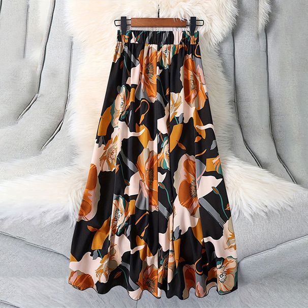 New Spring And Summer Women's Elastic Waist Skirt Printing Long Skirt Commuting Versatile A Line Skirt Umbrella Shape Skirt Women's Clothing_ecoleips.com