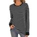Women's Clothing Autumn And Winter New Striped Contrast Color Round Neck Long Sleeve Loose T Shirt Top_ecoleips.com