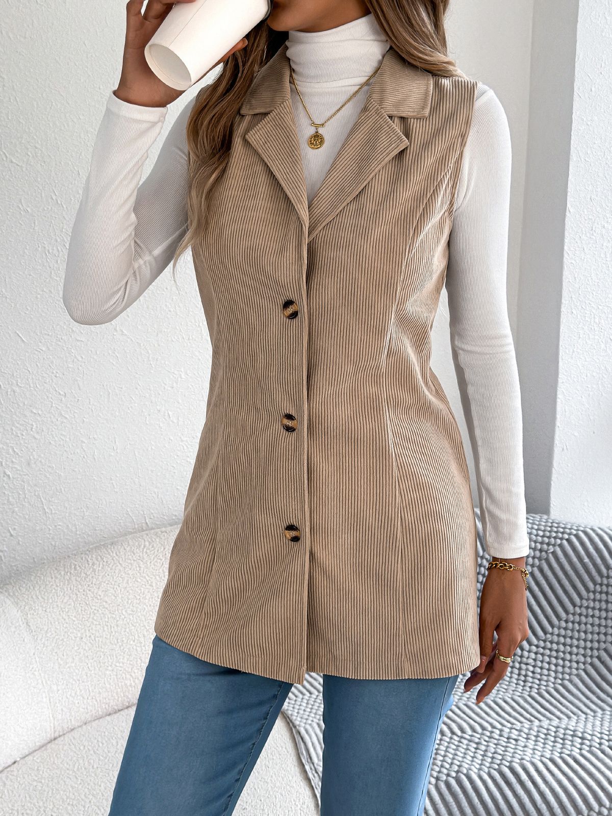Women's Long Double-Breasted Corduroy Vest Coat With Pockets – Classic Fall/Winter Streetwear In Khaki, Burgundy & Brown_ecoleips.com