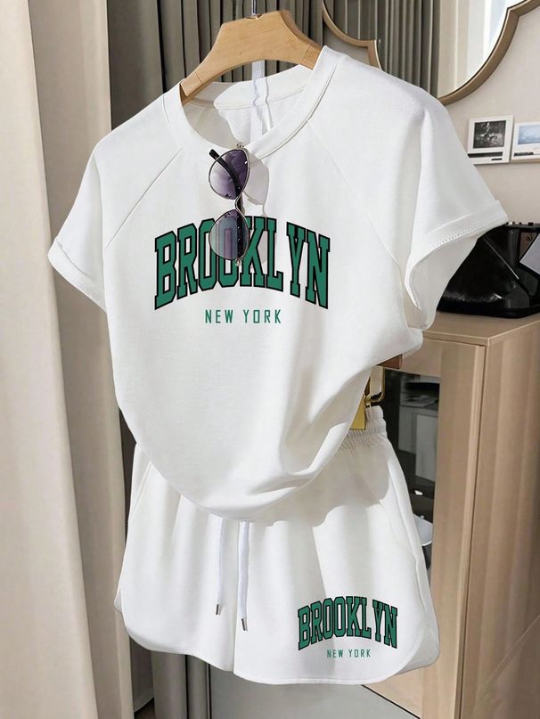 Women's European Size Casual Loose T-Shirt Set with Patch Short Sleeve round Neck Top And Versatile Fashion Shorts_ecoleips.com