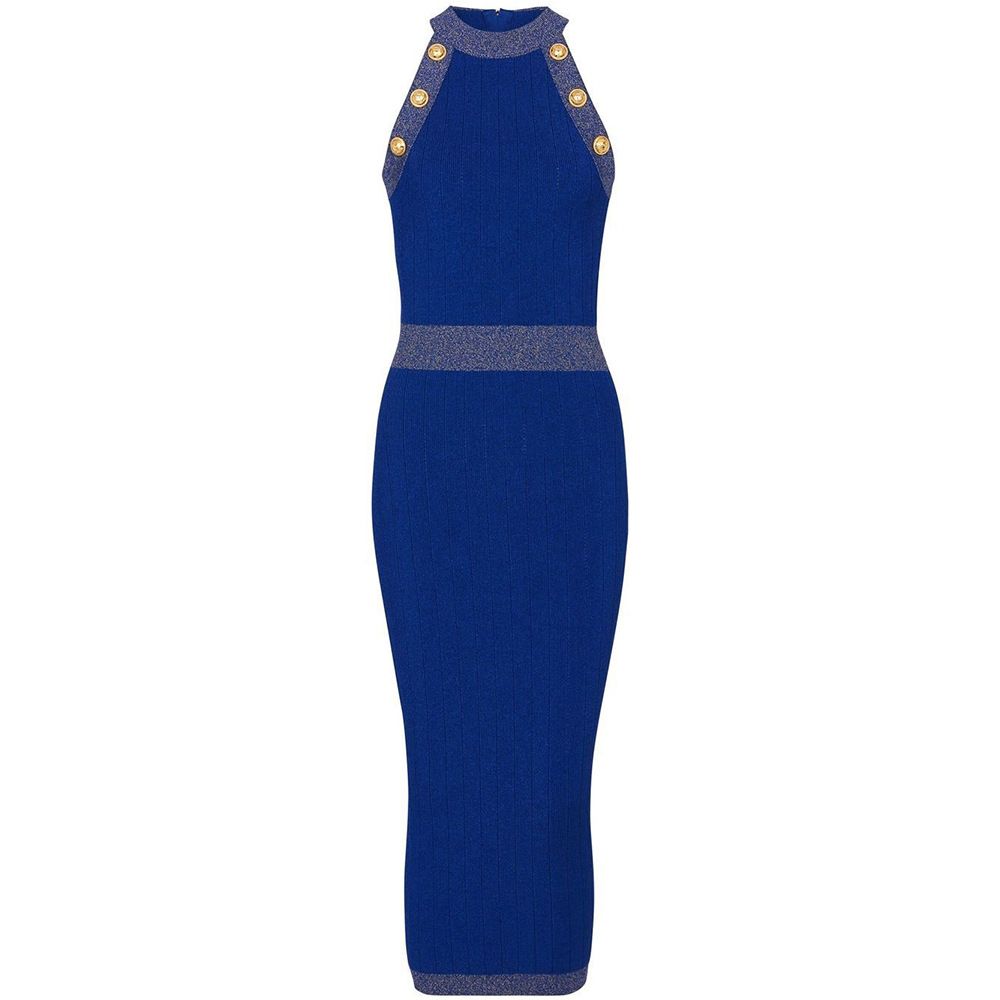 Women's Clothing Spring and Summer Sleeveless Waist Long Dress Gold Silk Bright Line Temperament Style Lady Dress_ecoleips.com