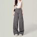 2024 Women's Retro High-Waisted Straight-Leg Cargo Pants Cement Gray American Style Wide Leg Curvy Elegant New_ecoleips.com